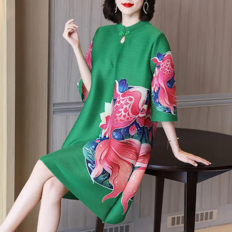 

New retro collar improved cheongsam pleated dress 2022 temperament fashion printed blossom belly A word skirt summer dress