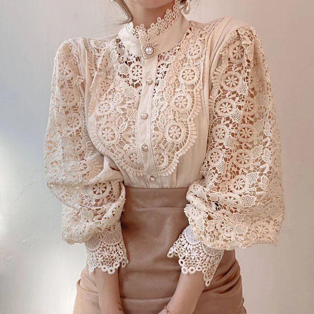 

Elegant Lace Shirt Women's Blouse Long Sleeve Button Up Blouses Tops 2022 Spring Autumn Fashion Casual Office Ladies Shirts Top