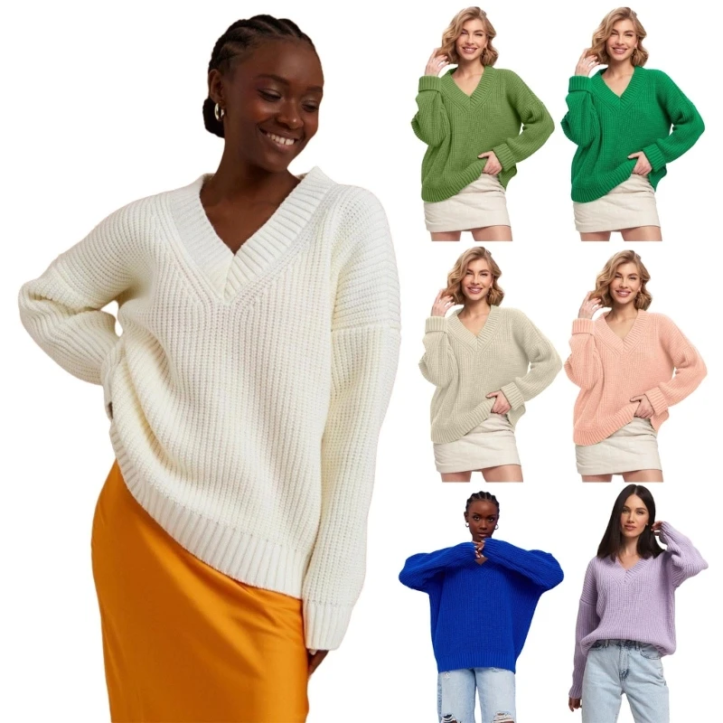 

Women Winter Fall Casual Long Sleeve V-Neck Slouchy Sweaters Oversized Loose Knitwear Solid Color Pullover Jumpers Top