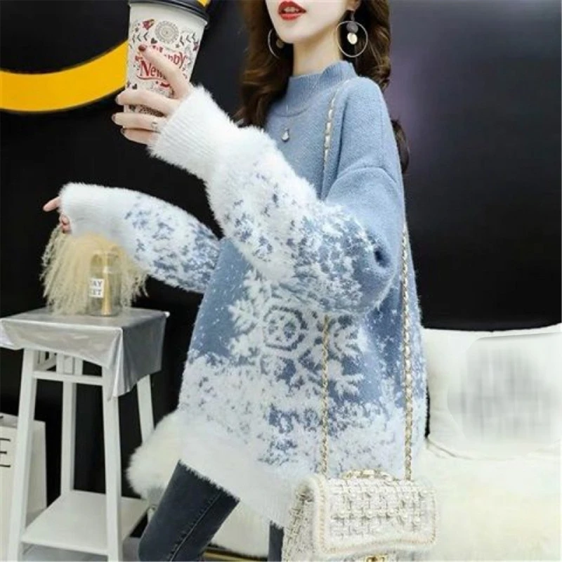 

Christmas Sweatshirts Harajuku Y2k Streetwear Women Snowflake Pattern Pullovers Loose Aesthetic Knitted Top Sweater A5KE