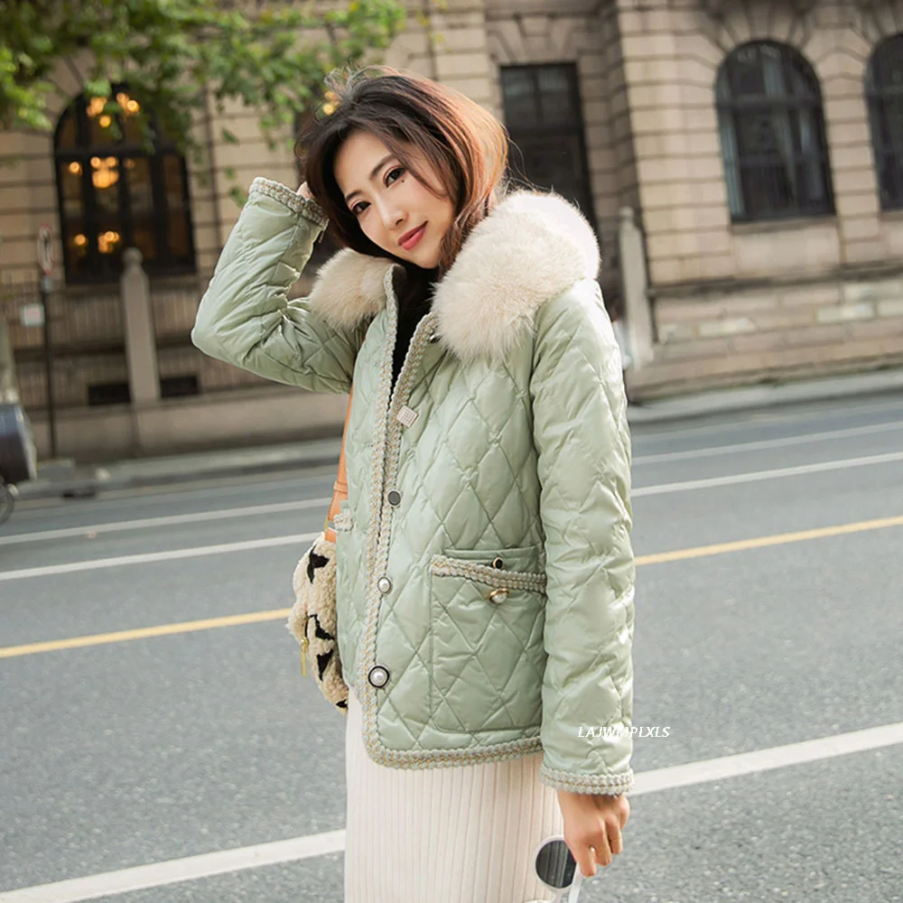 Warm Windproof Parka Thick Korean Outwear New Winter Women Natural Fox Fur Collar Single Breasted White Duck Down Short Coat