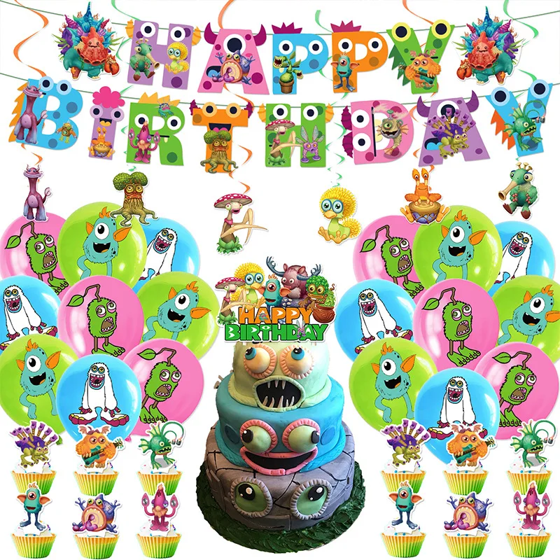 Фото Набор для украшения дня рождения My Singing Monsters: фон, воздушные шары, баннер, топперы для торта, украшения для детского праздника, подарок для ребенка №2