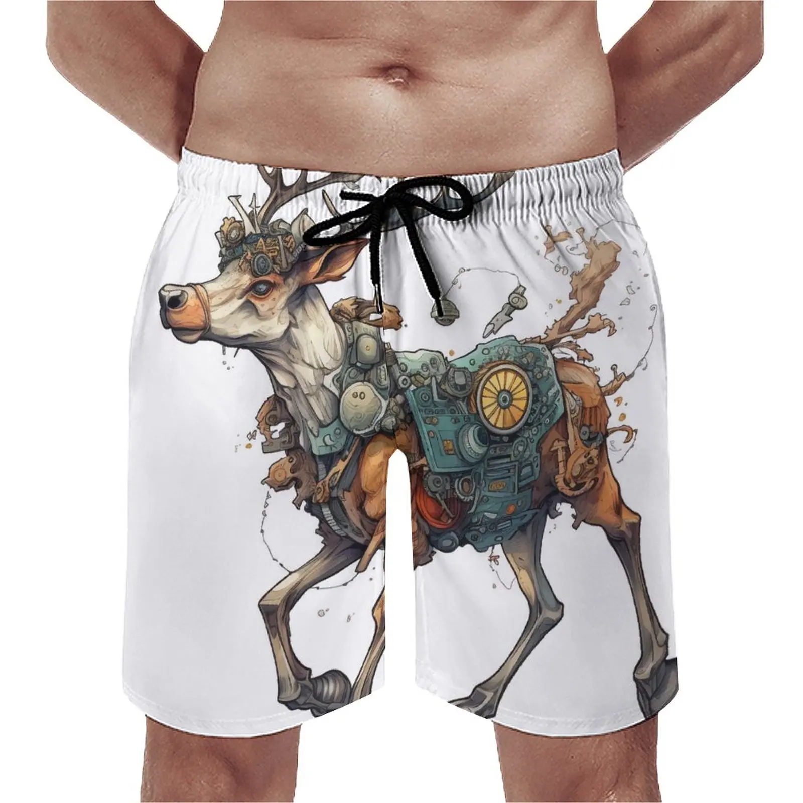 

Deer Board Shorts Cartoon Drawing Style Retro Beach Shorts Males Printed Sports Fitness Comfortable Swimming Trunks Gift