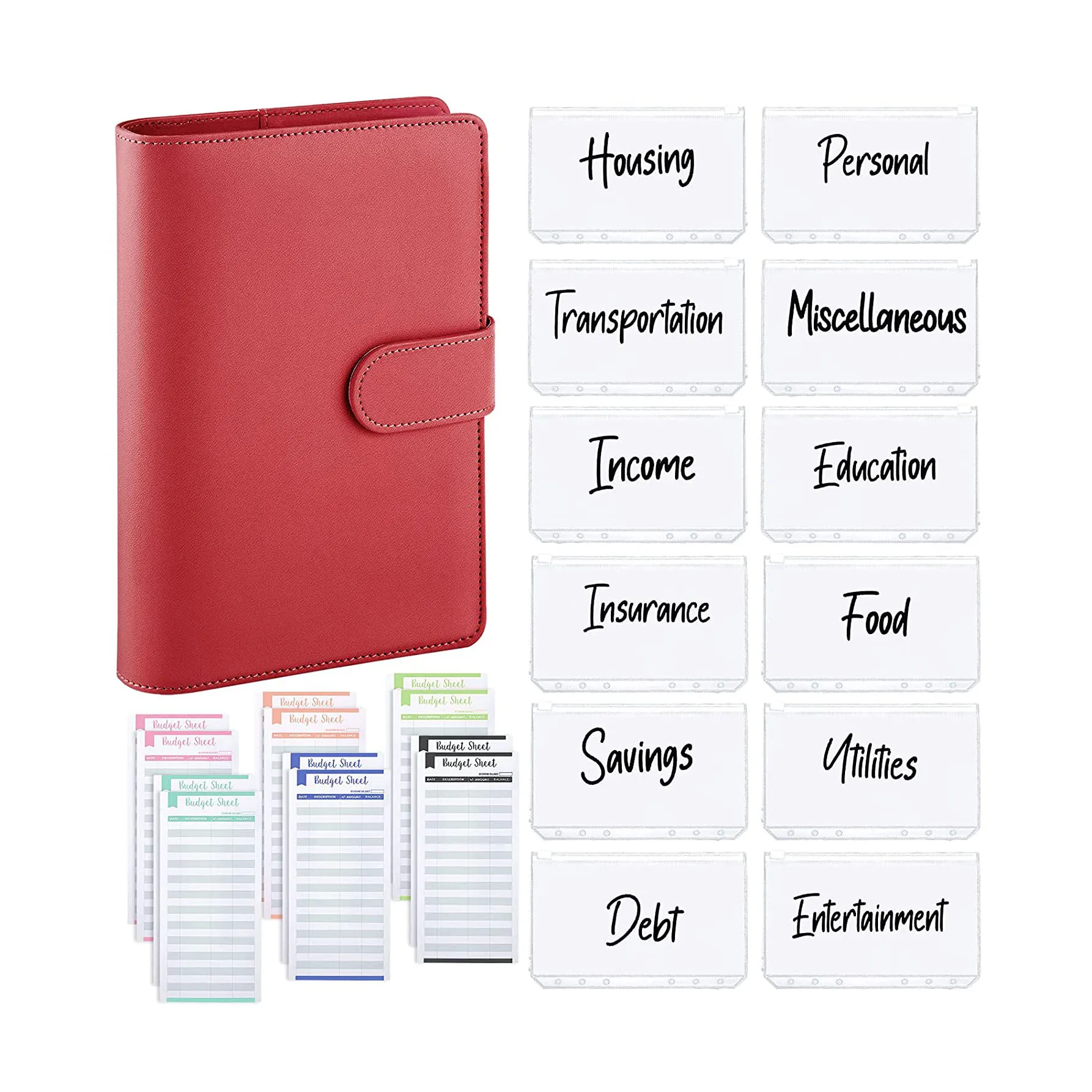 

A6 PU Leather 6 Ring Budget Binder Planner with 12 Clear Pockets 12 Expense Budget Sheets for Money Saving Cash Envelopes System