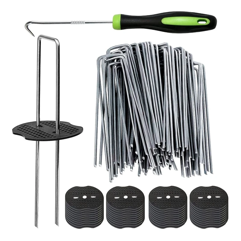 

Garden Stakes Staples + 100Pcs Gasket, 6 Inch Lawn Landscape Staples 11 Gauge U Shaped Galvanized Landscape Pins