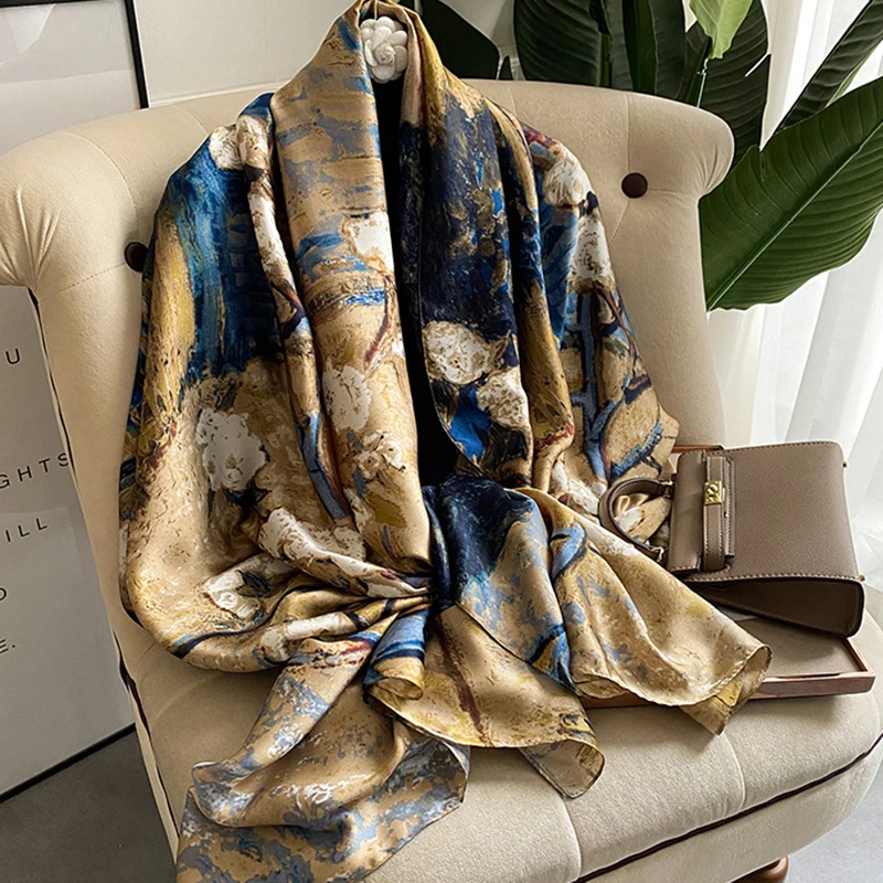 

Женский Шелковый зимний шарф, роскошный дизайн, женская пляжная шаль с принтом, шарфы, модный гладкий платок, Женский хиджаб