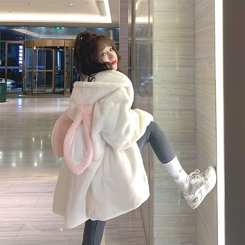 

Harajuku Solid Plush Jacket Women Winter Korean Large Size Long Sleeve Hooded Coat Thick Warm Faux Wool Fur Jackets Coats E710