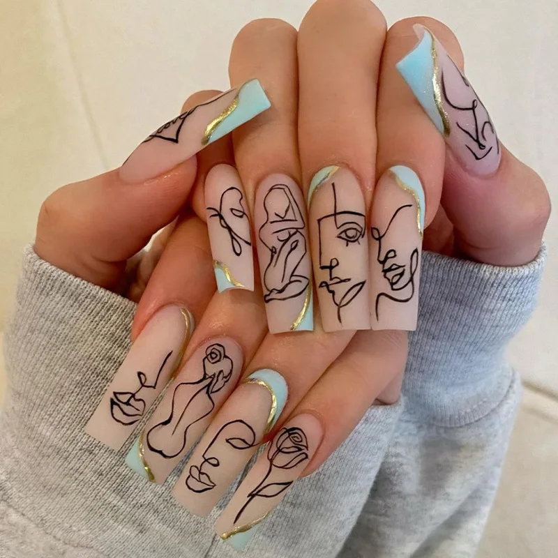 

Beauty in Sketch: Rose Lines Detachable Nail Tips Lady Face Graffiti Ballerina Fake Fingertips Acrylic Finished False Nail Tips
