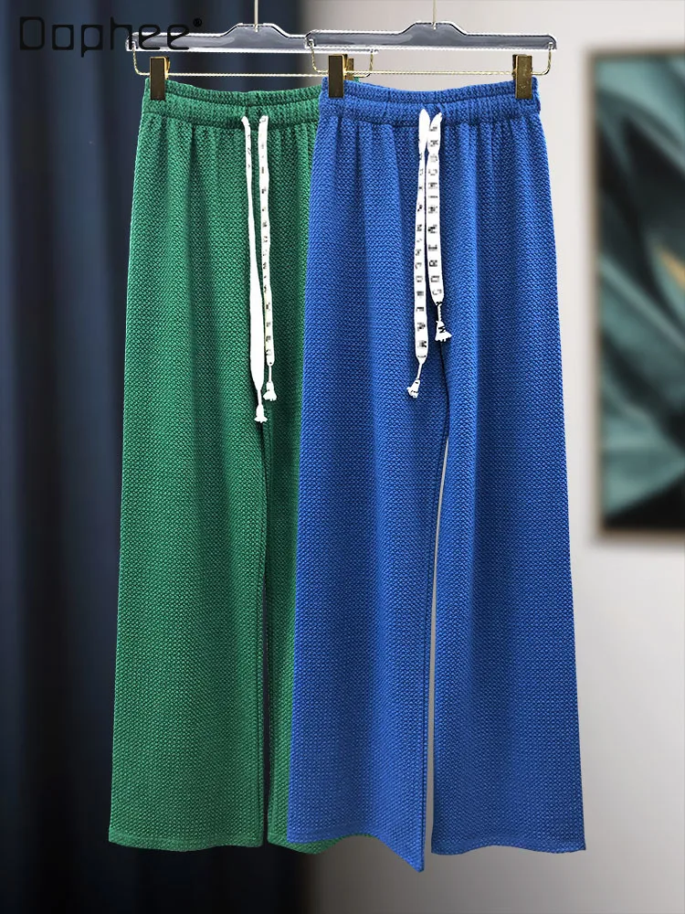 

women Bubble Cotton Wide Leg Pants Spring and Autumn New Women's High Waist Drooping Lazy Drawstring Knitted Straight Trousers