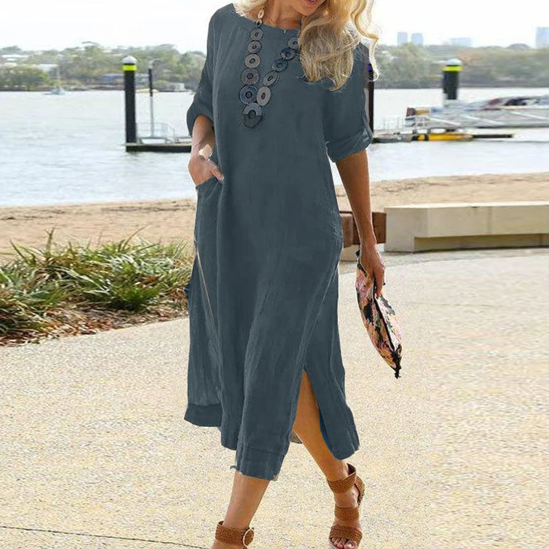 Vintage Cotton Linen Women Slit Dress 