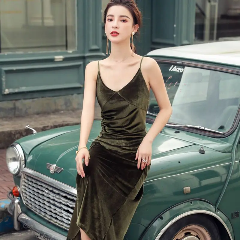 

Elegant Velvet Dress for Women Army Green Black Slit Party Evening Dresses 2023 Vestidos Daily Wear
