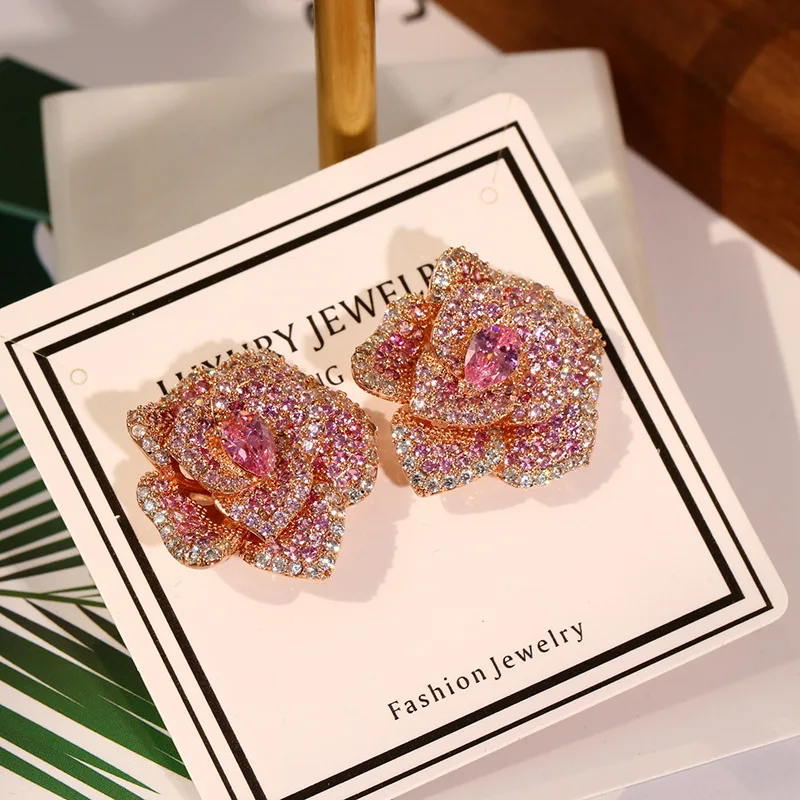 

Hot Fashion Design Pink AAA Cubic Zirconia Exquisite Romantic Rose Camellia Stud Earrings Women's Accessaries 2022