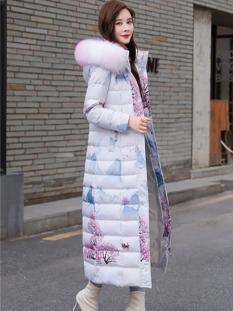 New Women Lengthened Down Coat Winter Fashion Real Fox Fur Collar Landscape Print Slim Down Jacket Thicken Warm Overcoat Female