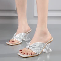 rhinestones flip flops bow womens slippers pumps elegant square toe crystal heels lady mules sildes summer fashion party shoes