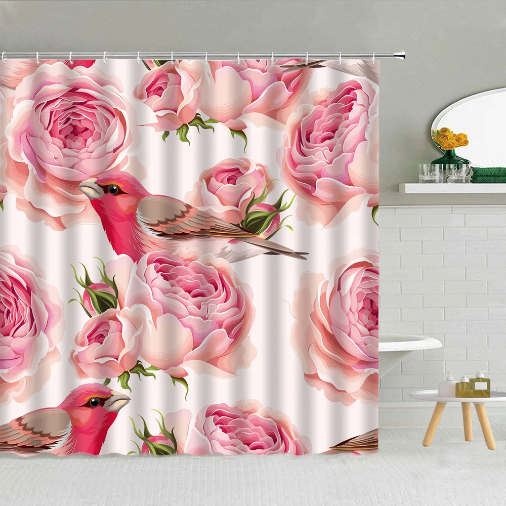 

White Rose Shower Curtain Turquoise Teal and White Flower Blooming Rose Romantic Floral Art Fabric Bathroom Curtains Set