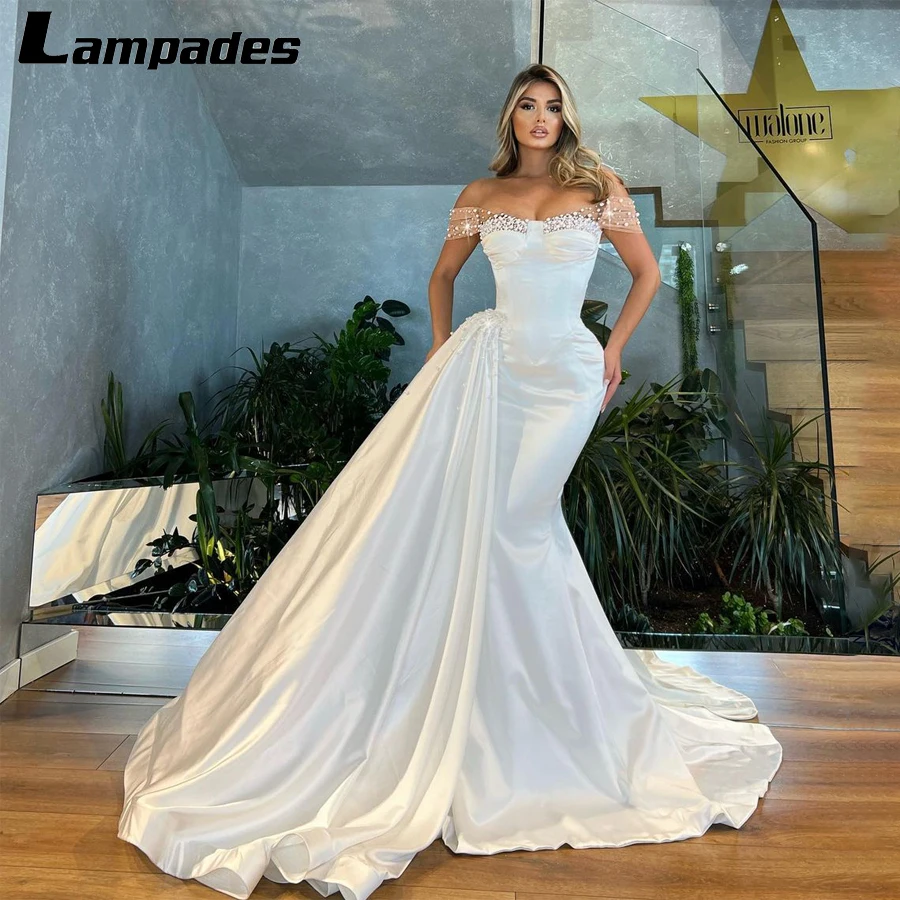 Off the Shouler with Crystals Mermaid Long Wedding Dress Satin Skirt Robes De Soirée Mariage Vestidos Para Señoras De 50 Años