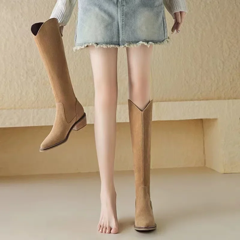 Сапоги рыцарские женские на грубом каблуке осень/зима 2024