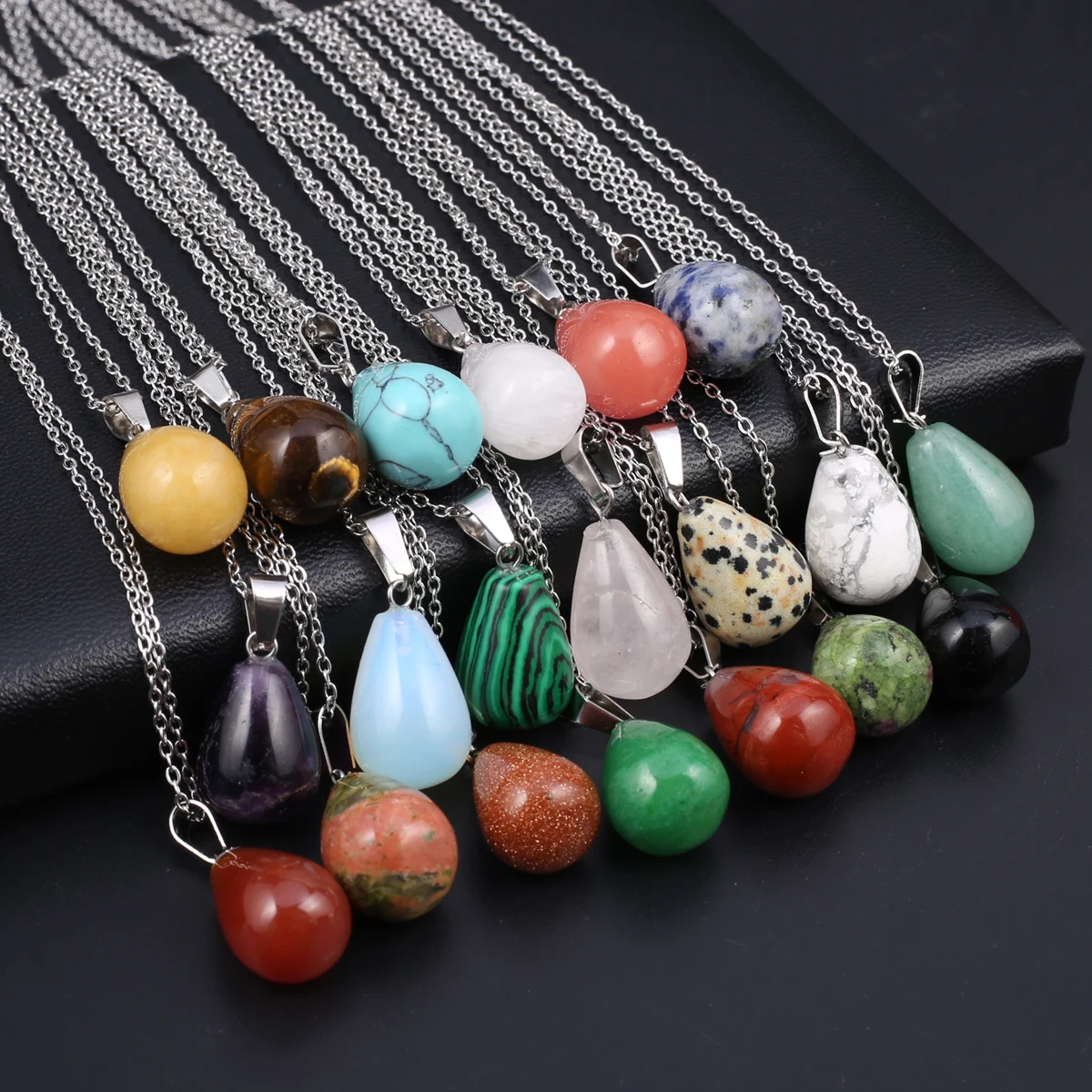 

Natural Semi-precious Stone Crystal Turquoise Agate Reik Healing Jewelry Necklace Water Drop Pendant 18x13mm Gift For Women