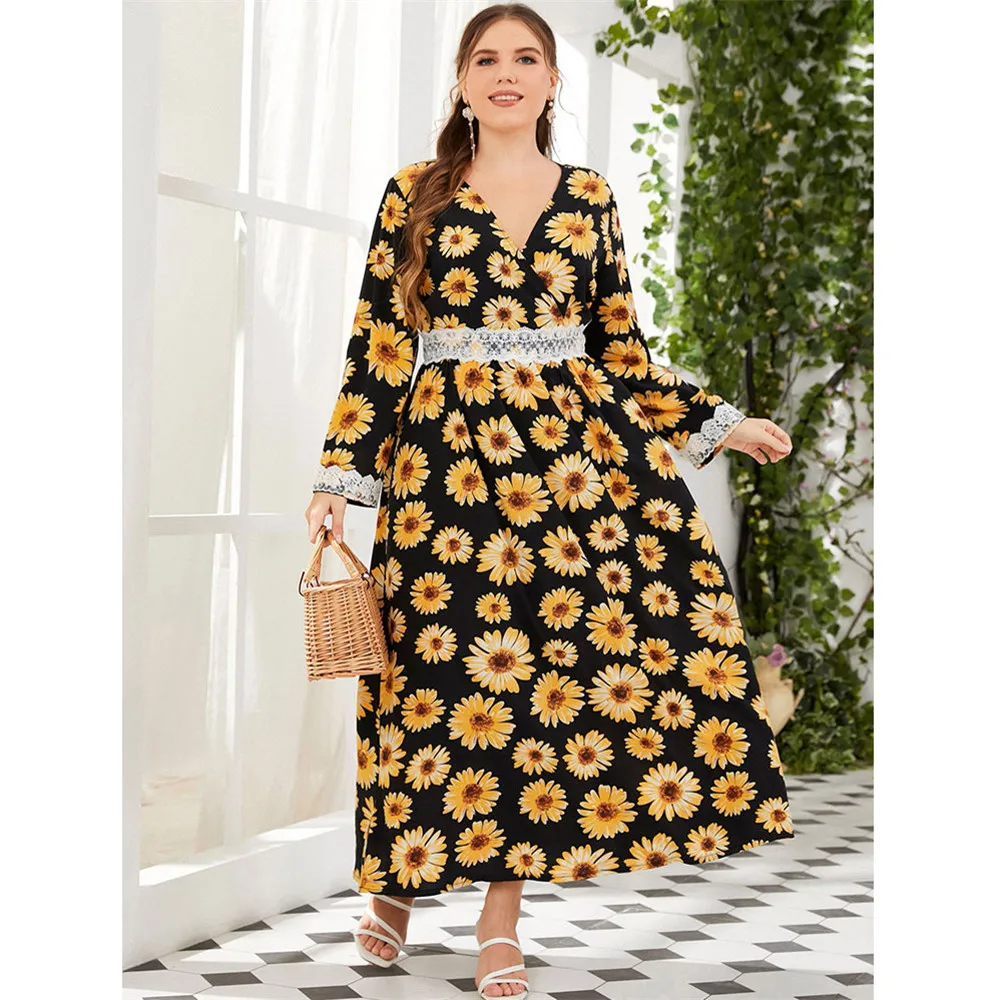 

Plus Size 4XL Kaftan Floral Print Women Muslim Maxi Dress Party Gown Eid Ramadan Abaya Dubai Turkey Caftan Islamic Clothing Robe