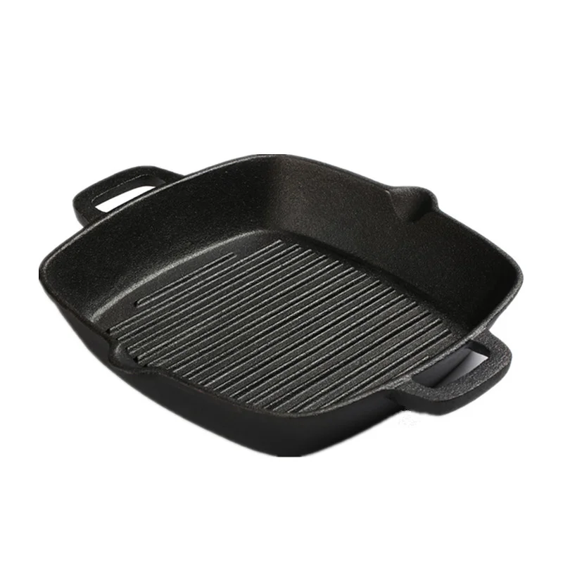 

New Cast Iron Thickened Two-Ear Square Stripe Steak Frying Pan Pan Frying Pan Barbecue Pan Uncoated Non-Stick Frying Pan