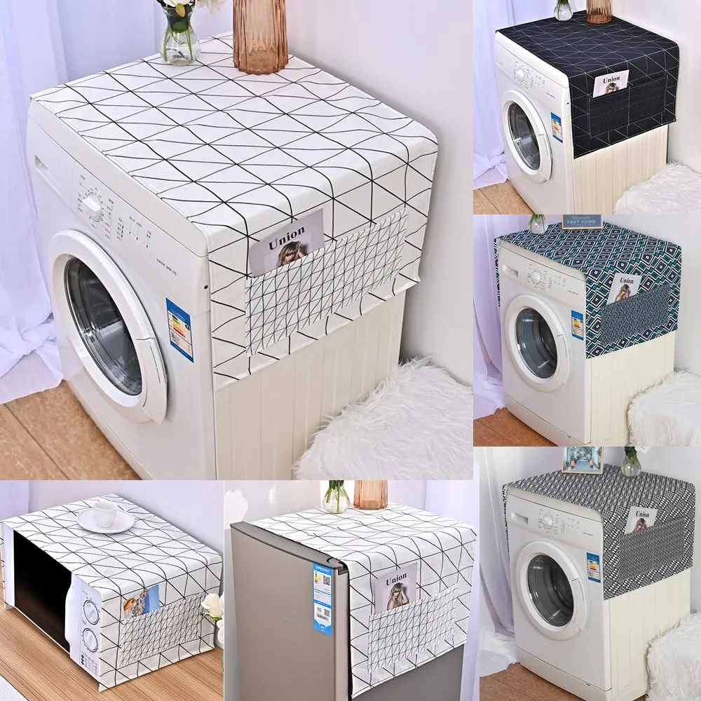 

1pc Geometric Pattern Washing Machine Cover Linen Dust Proof Cloth Microwave Oven Refrigerator Protector Case Storage Pocket