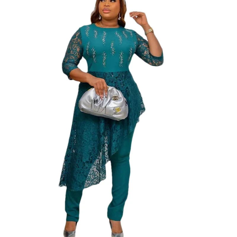 

Комплект из двух предметов одежда африканские платья для женщин брючные костюмы 2022 кружевное горячее Сверкающее асимметричное длинное пла...