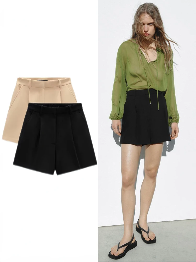 

ZABA ZAR ZA женские весенние новые плиссированные шорты-бермуды с высокой талией сзади накладной клапан с карманом украшение сплошной цвет повседневные шорты