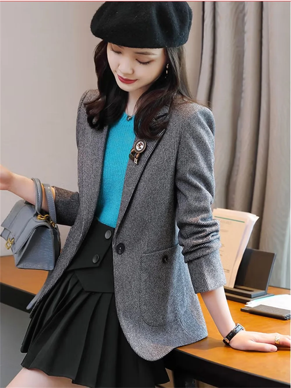 Women Blazer Yellow Brown Gray Pink Female Casual Long Sleeve Single Button Slim Coat Ladies Business Work Wear Formal Jacket