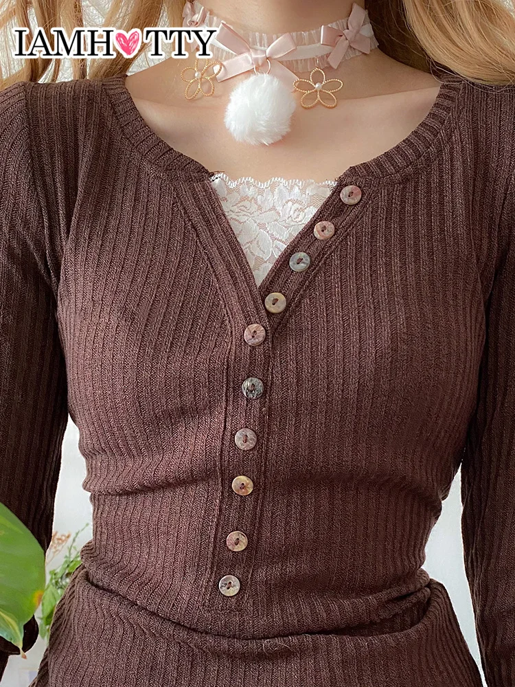 IAMHOTTY поддельная футболка из 2 частей с кружевом в стиле пэчворк коричневый