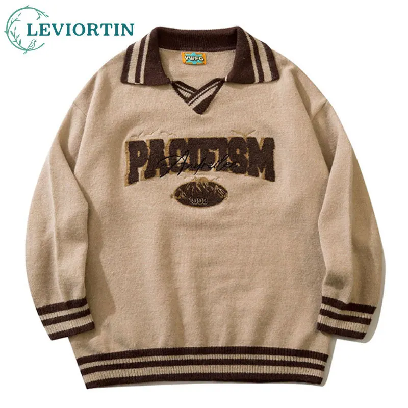 

2022 Harajuku Polo Collar Knitted Sweaters Men Autumn Winter Oversized Sweater Fashion Vintage American Style Hipster Pullover