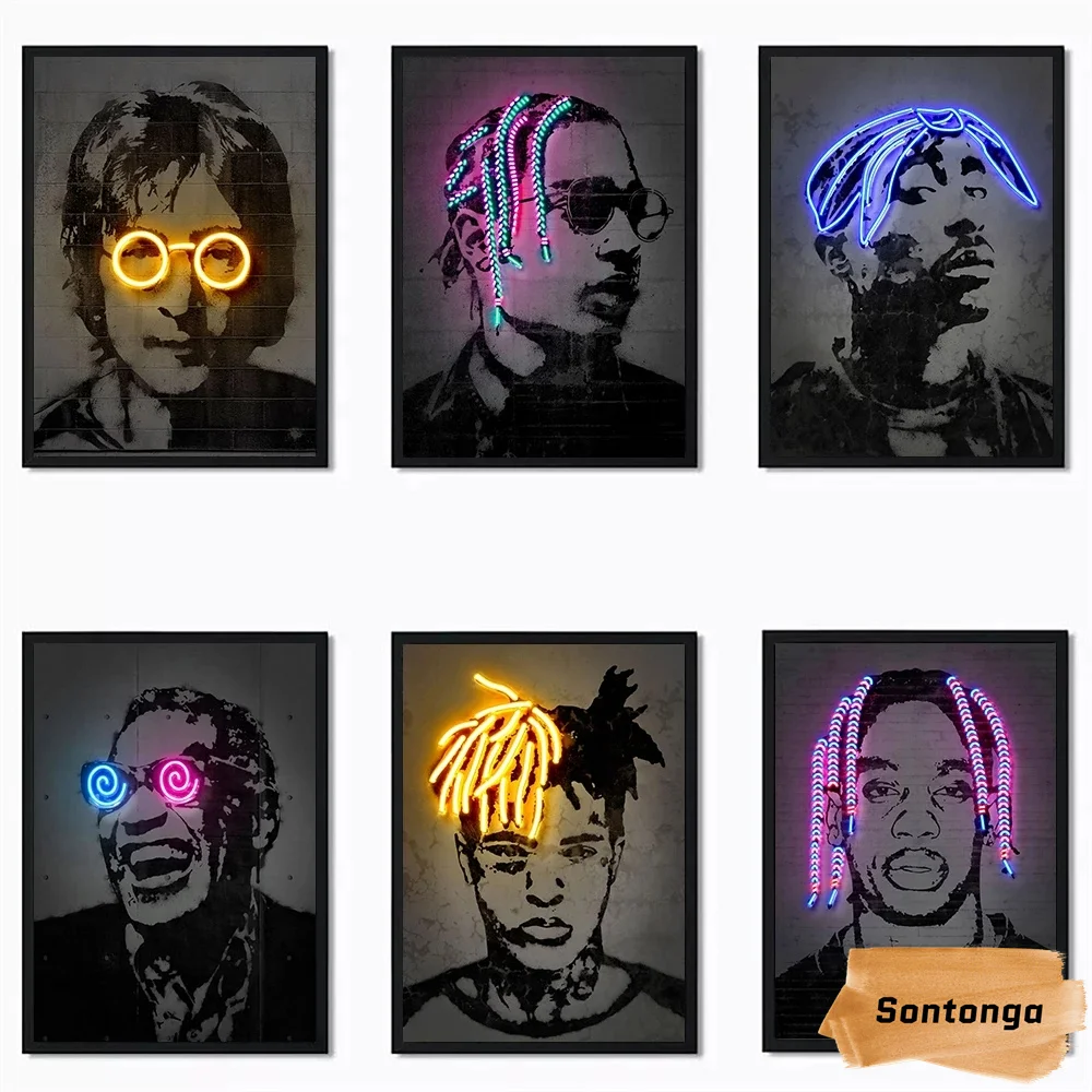 

Street Graffiti Poster Portrait Trend Rock Glow Canvas Painting Music Star Room Decoration Neon Rap Clear Fashion Wall Picture
