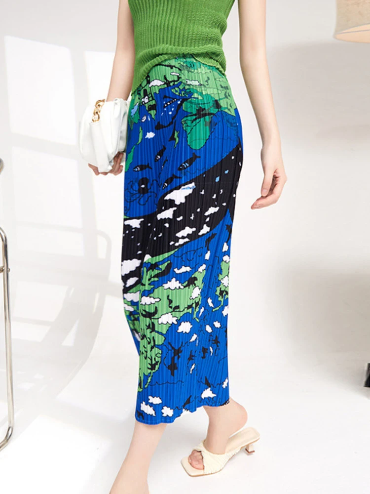 

Printing Pleated Skirts Women Elegant Temperament High Waist Knee-length Elastic Fabric 2022 Summer New Fashion Trend