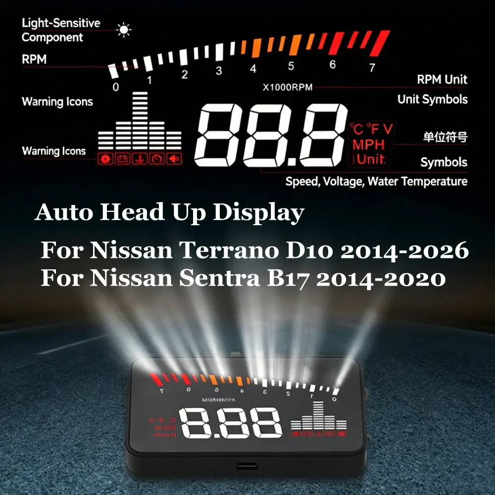 Фото Автомобильный проекционный дисплей (HUD) на лобовое стекло для Nissan Terrano D10 Sentra B17 2014-2026: Проектор, аксессуары, спидометр, одометр, тахометр (RPM) №3