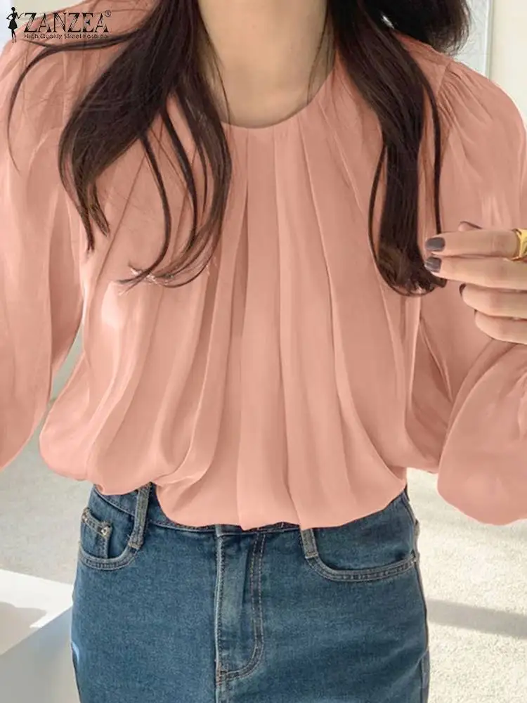 

2022 ZANZEA Spring Women Solid Color Blouse Full Sleeve O-Neck Buttons Shirt Femme Fashion Casual Elegant Oversized Holiday Tops