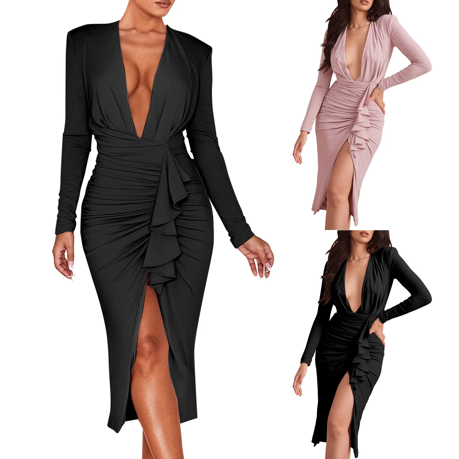 

Женское элегантное платье миди с длинным рукавом и V-образным вырезом, Коктейльные летние платья с высоким разрезом, джинсовое платье до кол...