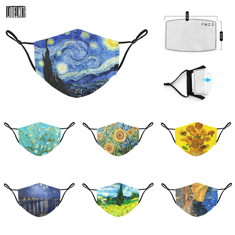 

New Fashion Retro Oil Painting Facemask For Aldults 3D Printing Art Van Gogh Reusable Mouth Cover PM2.5 Filters Protective Mask