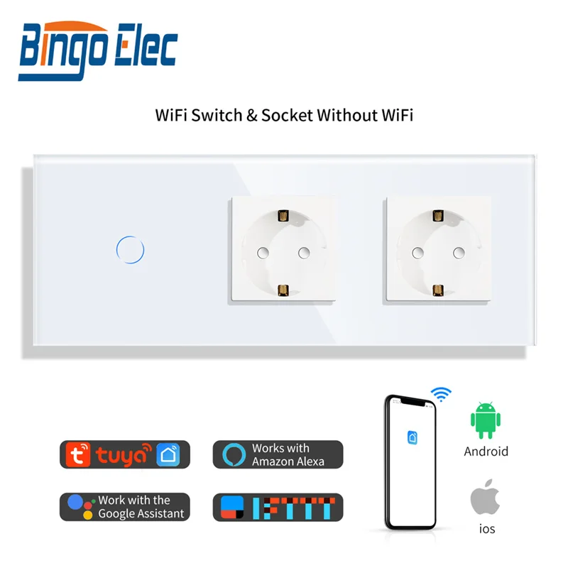 

Настенный сенсорный выключатель Bingoelec с Wi-Fi и двумя стандартными евророзетками, выключатели света на 1/2/3 клавиши, работают с Alexa Tuya Google Home