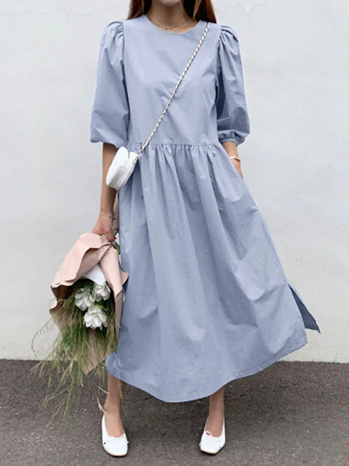 

ZANZEA Oversized Female Robe Longue Casual Solid O Neck Maxi Long Dresses 2022 Summer Women Sundress Puff Sleeve Loose Vestidos