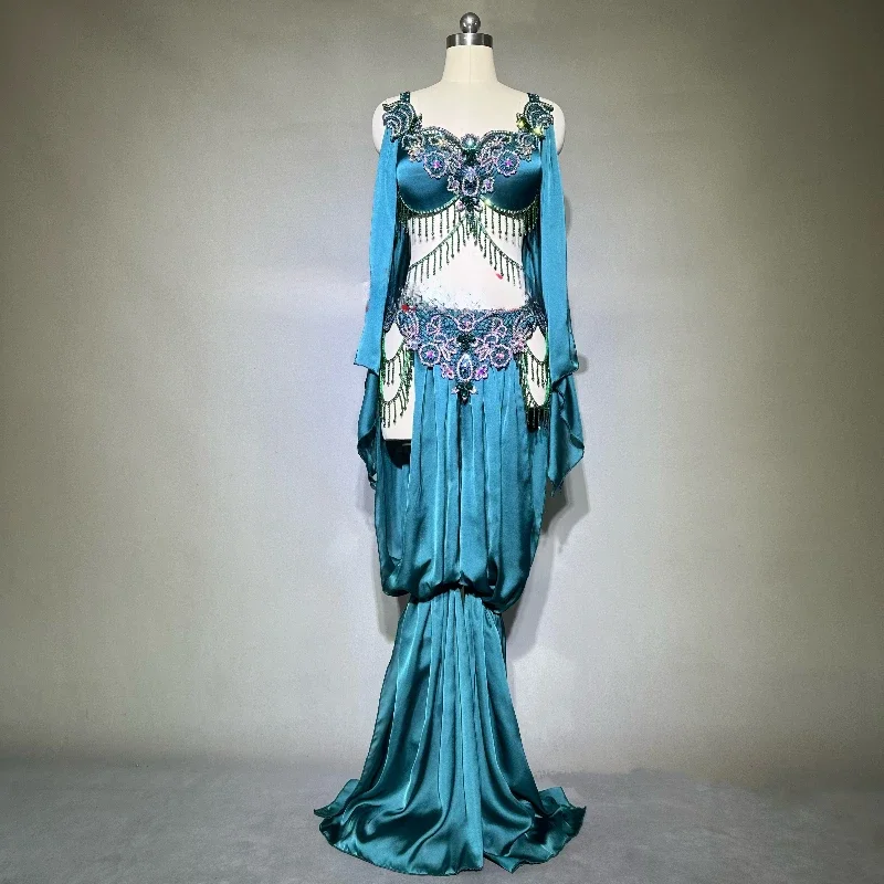 Opening Dance Belly Dancing Suit Women's Customized Senior AB Stones Bra+Tassel Pants Oriental Performance Costumes