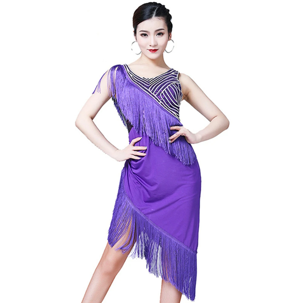 

4 Colors Latin Dress Women Competion Dance Wear Practice Clothes Stage Costume O-neck Fringe Tango Chacha Samba Ballroom Dresses