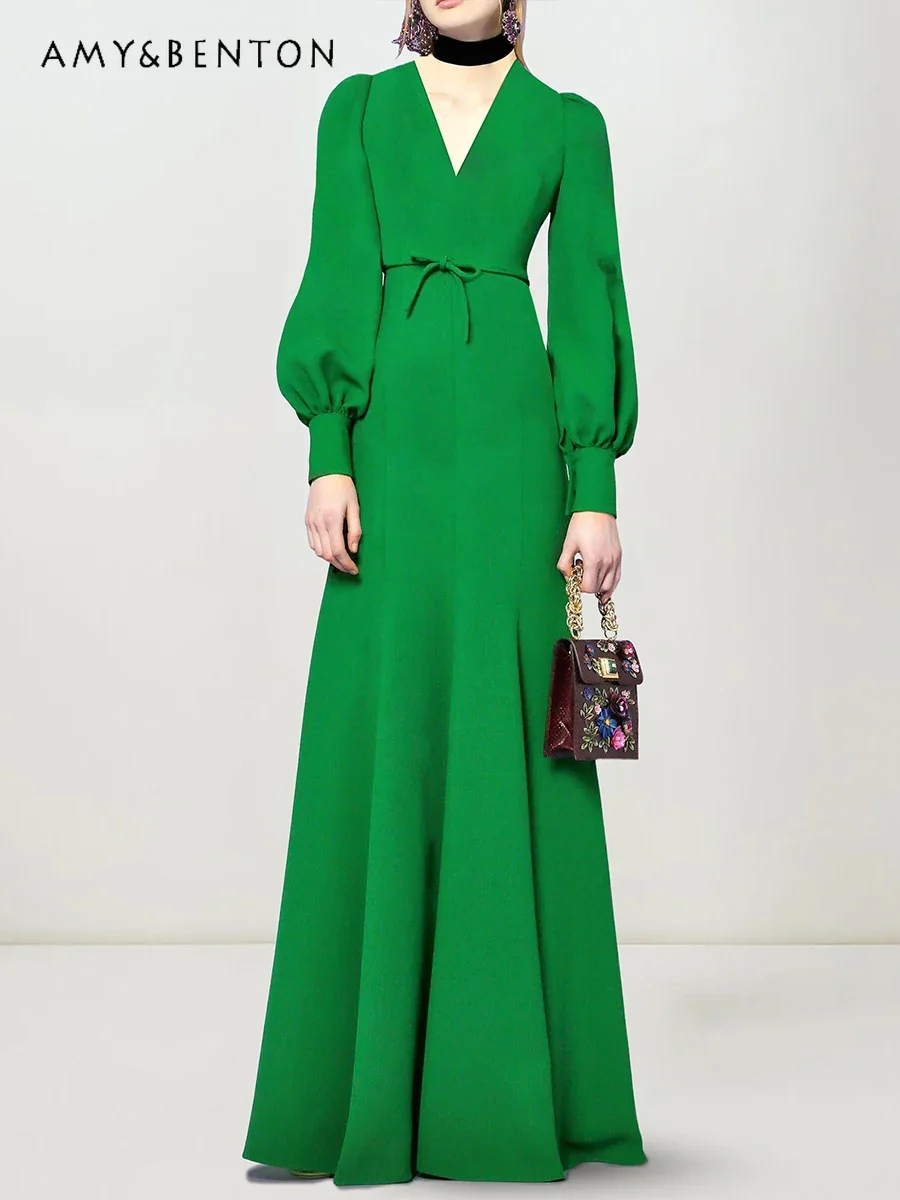 

Socialite Graceful Fashion Dresses Women High-End Elegant Lantern Sleeve Sexy V-neck Lace Up Slim Fit Midi Dress Party Clothes