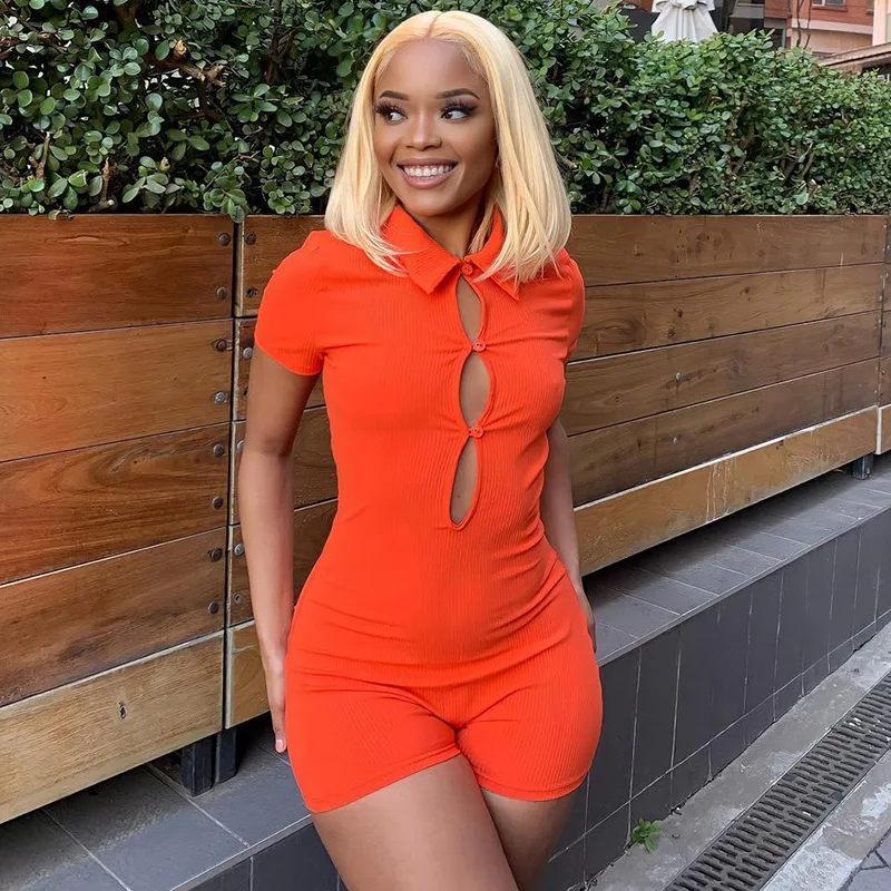 

Ins 2022 Summer Fashion Solid Cutout Polo Collar Matching Women Overalls Classic Short Sleeves Playsuits Fitness Skinny Romper