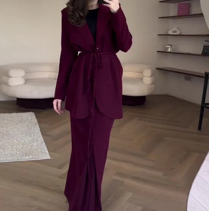 Французский женский элегантный комплект с длинными платьями однотонный костюм