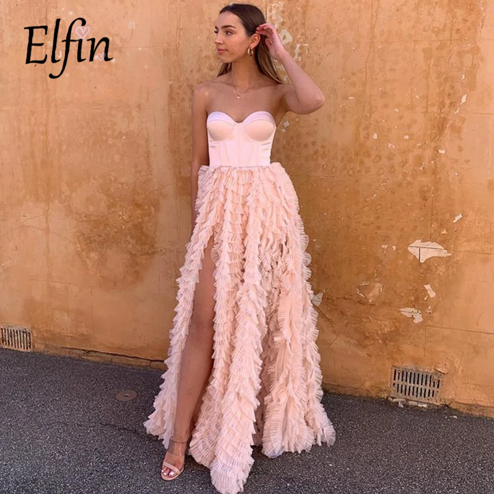 

Elfin Modern Pink Sweetheart A Line Evening Dresses Tiered Side Slit Robes De Soiree Formal Vestidos De Fiesta Prom Gowns