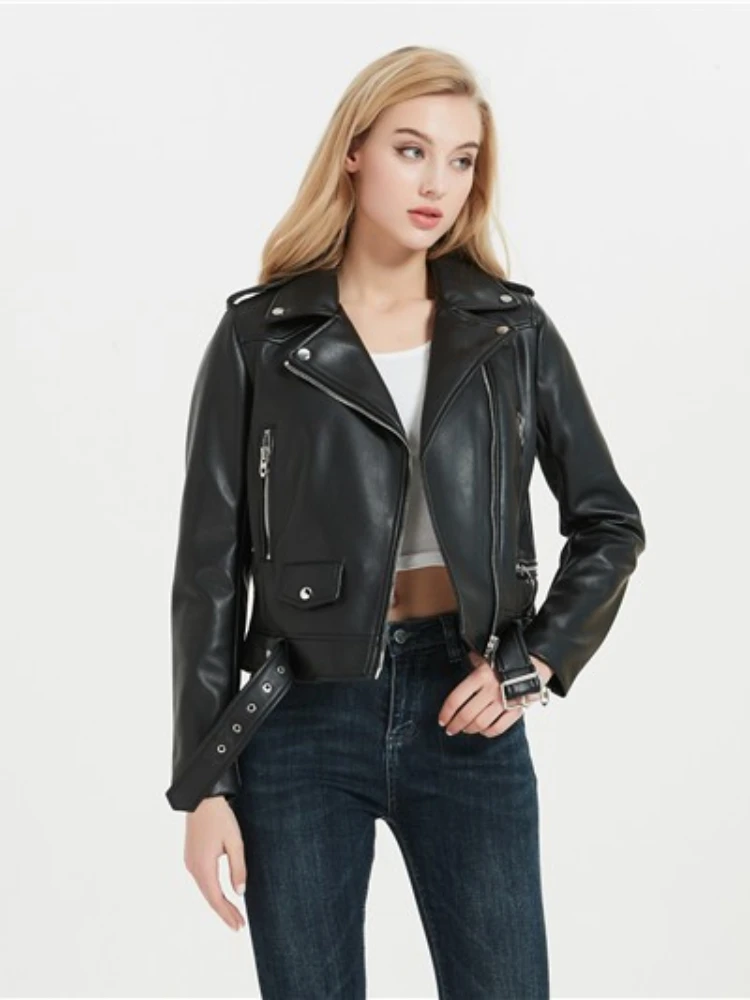 

Faux Leather PU Jacket With Belt Women Long Sleeve Lapel Motorcycle Jacket Black Zip Biker Jacket Spring Autumn Coat