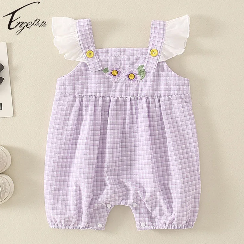 

Комбинезон для девочек с вышивкой и цветочным рисунком, летняя Клетчатая одежда в Корейском стиле для маленьких девочек