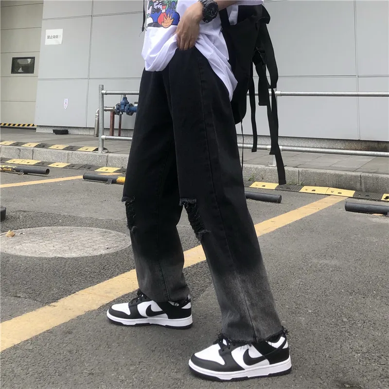 Spring and Summer New Style Korean Jeans Men's Retro Nine-point Straight Torn Wide-leg Pants Streetwear Men's джинсы для мужчин