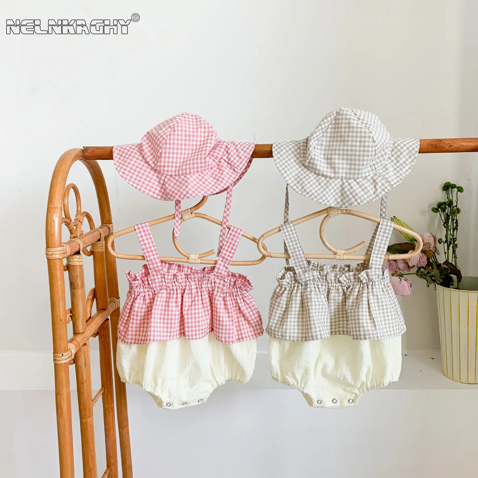 Summer Kids Baby Girls Sleeveless Patchwork Plaid Pure Cotton Outfits Jumpsuits Infant Bodysuit+hat Cute Newborn Clothing Set