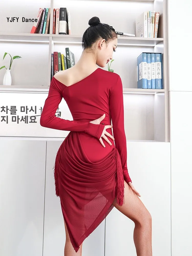 See Fanyu Daily Latin Exercise Clothing Long sleeve dress Autumn and Winter Dance Clothes Wine Red Coffee Color Adl20 |