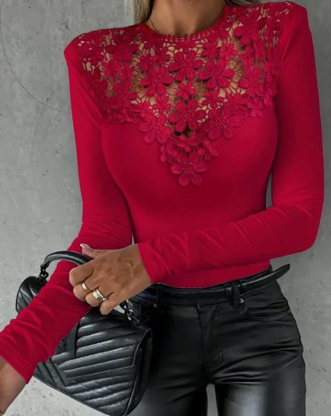 

Fashion Woman Blouse Spring Lace Patch Hollow-Out Long Sleeve Casual O-Neck Plain Skinny Daily Tee Top Y2K Clothes